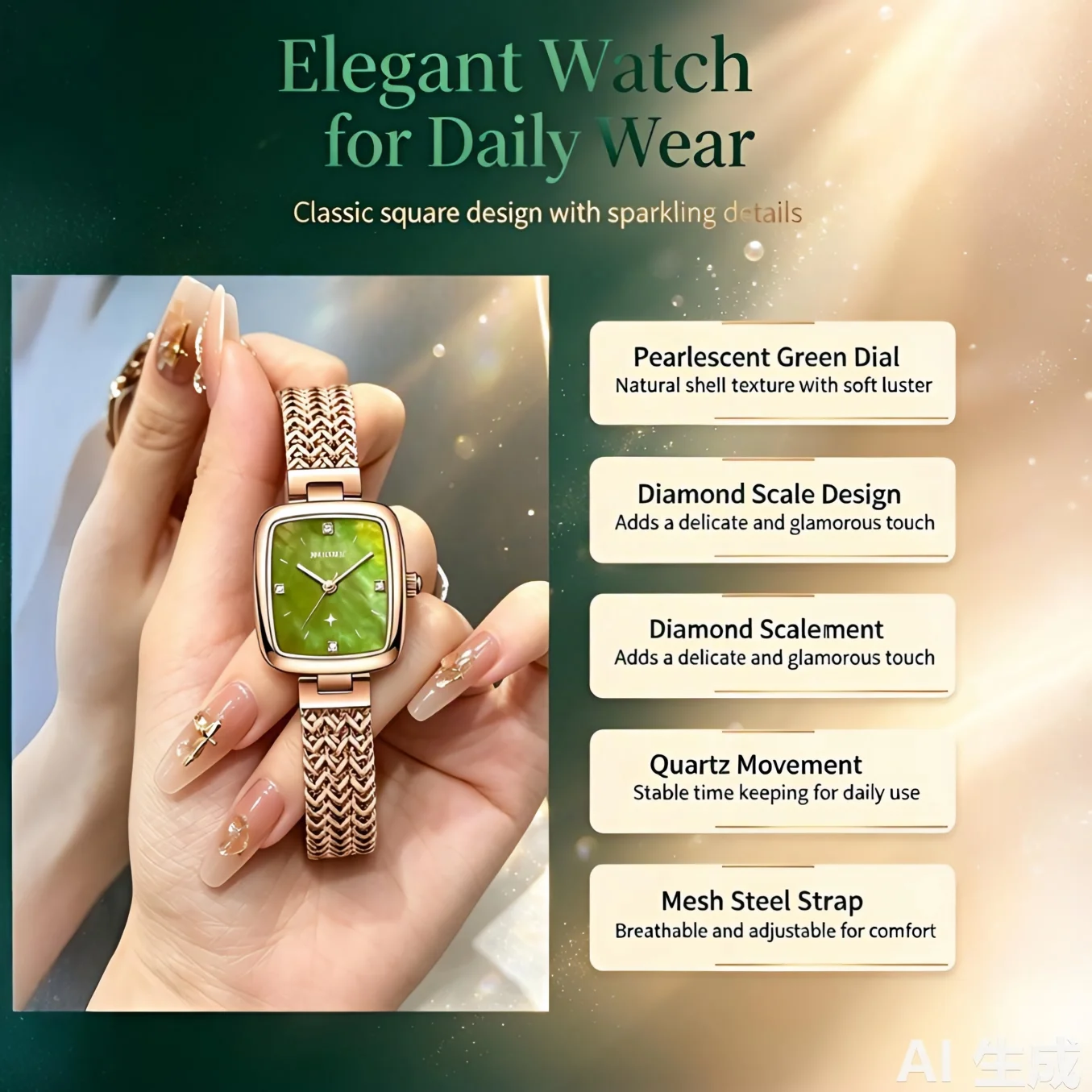 Luxury Rose Gold Square Women Wristwatch Natural Mother Of Pearl Dial Stainless Steel Mesh Band Fashion Ladies Quartz Watch