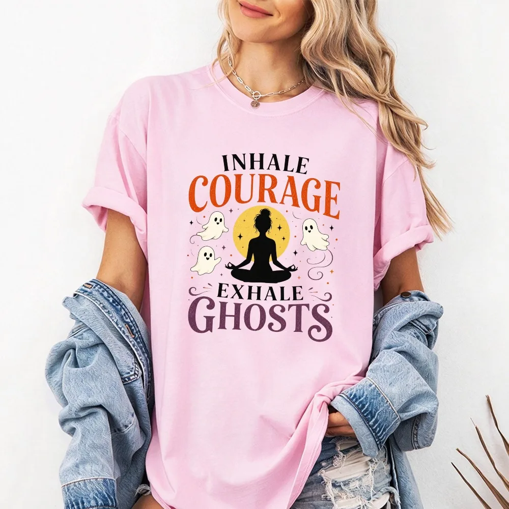 Inhale Courage Exhale Ghosts Yoga Meditation Tshirt Funny Halloween Graphic Unisex Cotton T Shirt Casual Meditation Lover Tops