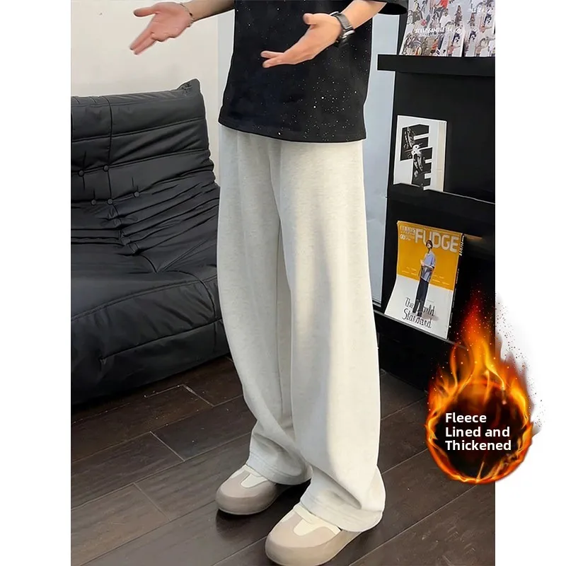 Cleanfit Men's Black Straight Leg Fleece Lined Wide Leg Casual Pants Autumn Winter Drapey Comfortable Soft Polyester Fiber