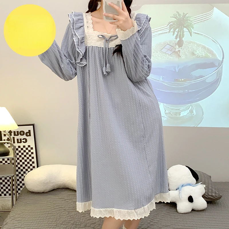 Plus Size Maternity Nightgown Sweet Lace Patchwork Ruffles Long Sleeve Square Collar Pregnant Woman Nightwear Dobby Dress+pads