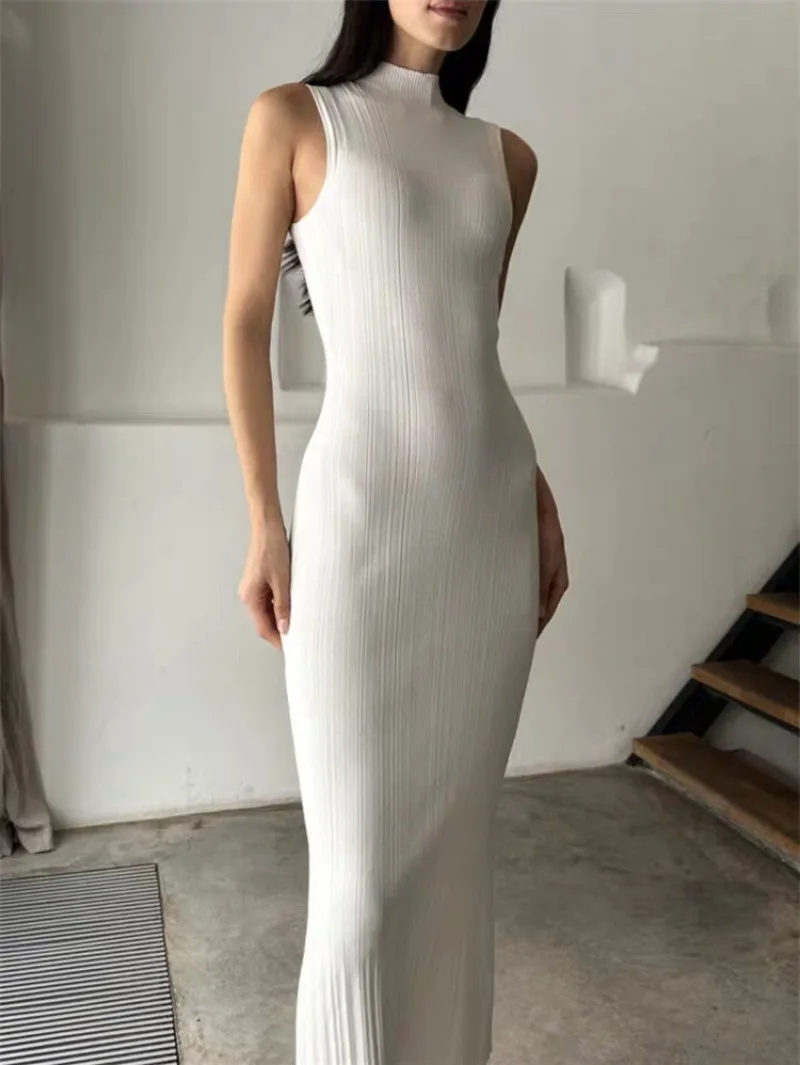 

Women Sheath Long Dress O Neck Sleeveless Solid Pleated Knit Elastic Vestido Fashion Elegant Stiped Retro Sexy Bodycon Dress