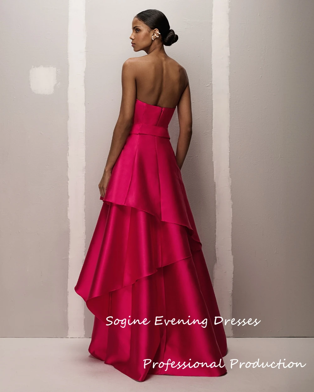 Vestidos de fiesta escalonados de satén sin tirantes, vestidos de fiesta hasta el suelo con lazo elegante, vestido largo de fiesta de boda, ocasiones formales