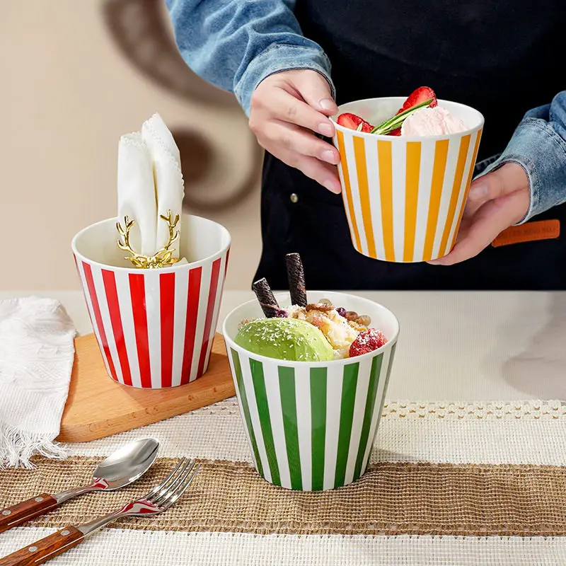 Creative Large Capacity Ice Cream Cup Fashion Striped Popcorn Cup Nordic Style Ceramic Multi Functional Home Use Round Tableware