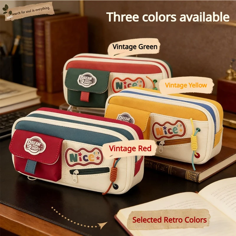 Retro Student Pencil Case Vintage American Style Pencil Bag High Capacity Color-Block Stationery Storage Bag School Organizer