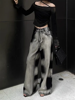 ผู้หญิงสีดําสีเทาGradient Tie Dyeกางเกงยีนส์ขากว้างCool Girl Chic Casualกางเกงหญิงหลวมตรงกางเกงยีนส์เอวสูง