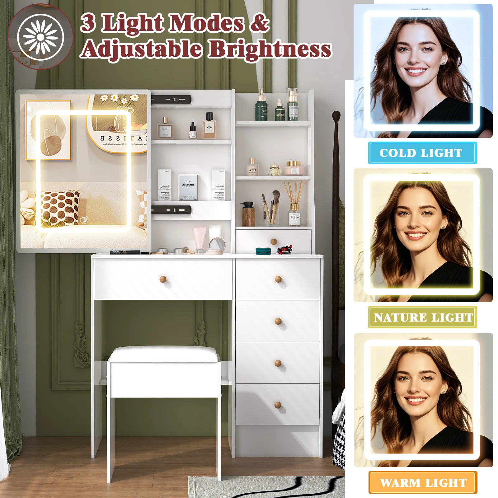 Set Toeletta Trucco Bianca Teo - Dressing Table Vanity With Lighted Mirror recensione e prezzo