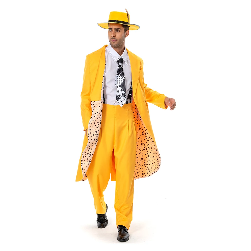 In magazzino La Maschera Jim Carrey Cosplay Costume Giallo Degli Uomini Del Vestito di giacca Uniforme Abiti di Halloween Costume di Carnevale