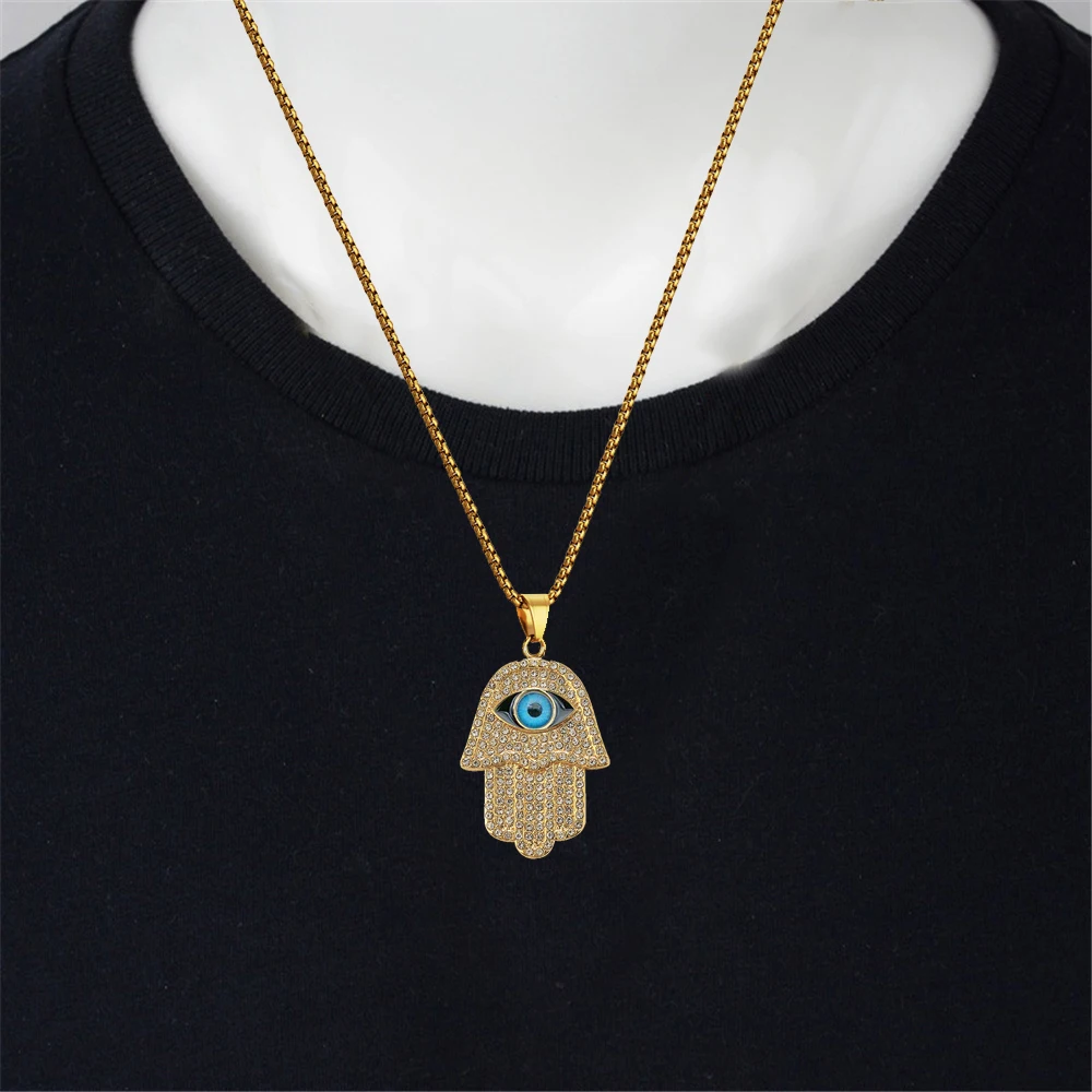 

Punk Evil Eye Hamsa Hand of Fatima Pendant Gold Silver Color Stainless Steel Palm Amulet Necklace for Women Men Jewelry Gift