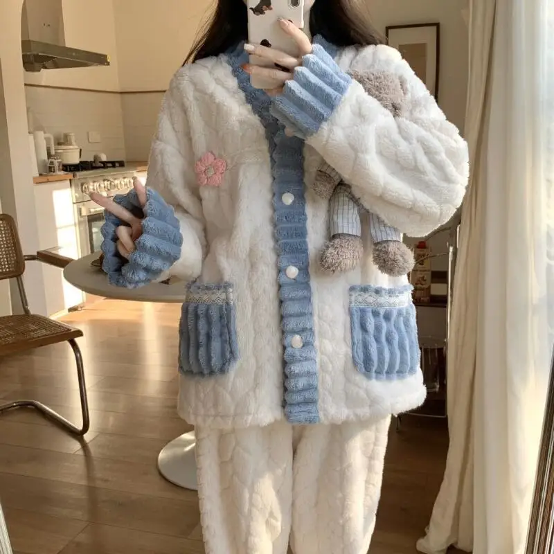 

Пижамный костюм из кораллового флиса, женский осенне-зимний утепленный комплект одежды для сна, фланелевая носимая верхняя одежда, ночная рубашка, сохраняющая тепло, домашняя одежда