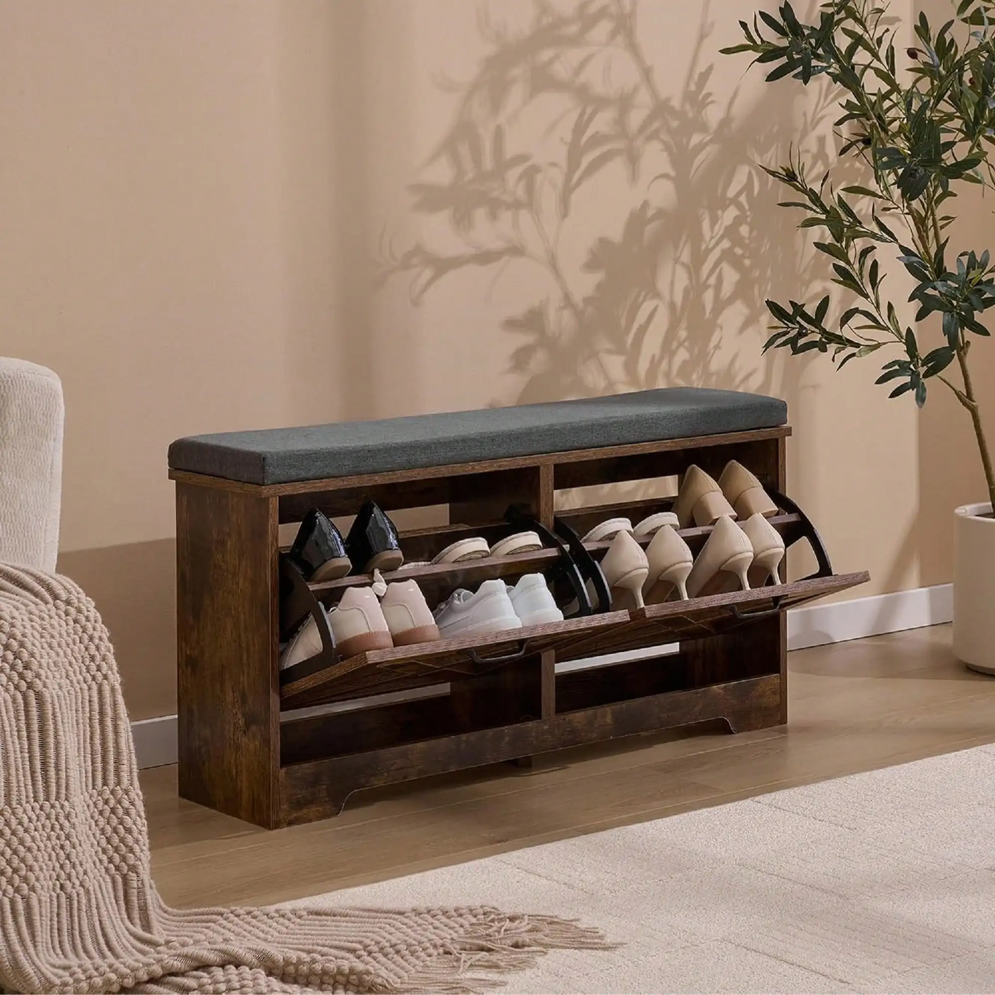 

Stylish Shoe Storage BENCH With 2 Flip Drawers And Barn Doors, Brown Finish, Adjustable Shelves, Entryway Organizer For Hallway