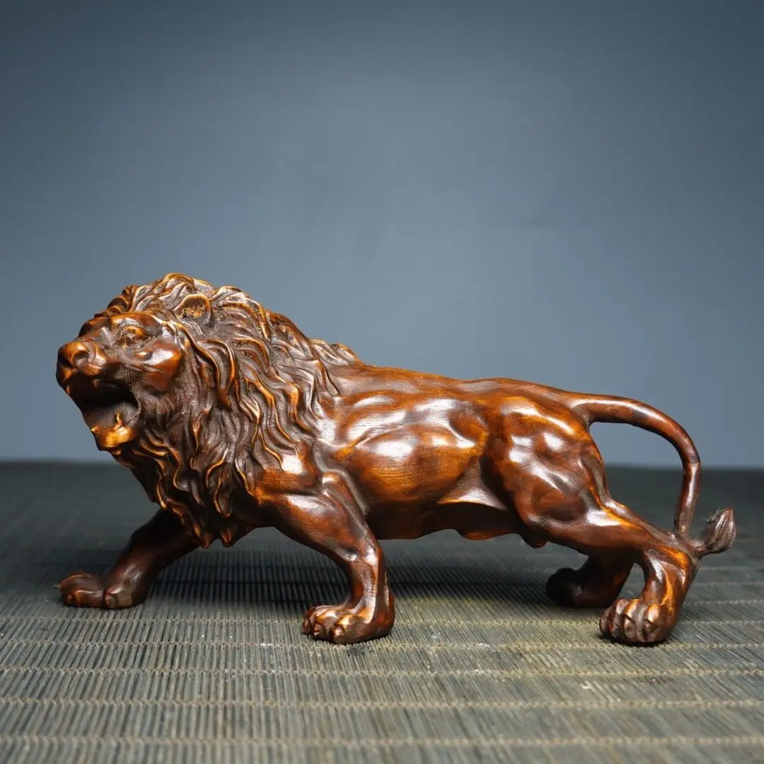 Hand Carved Wood Grinning lion Statue Figurine Desktop Ornaments Home Decoration