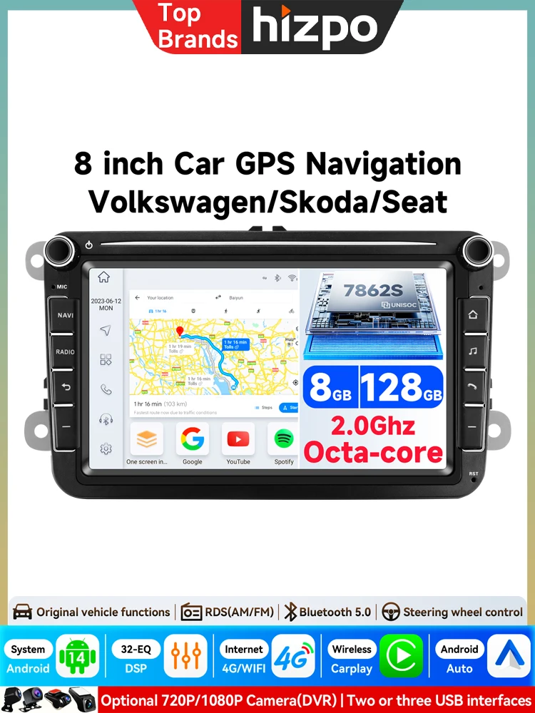 Hizpo 7'' Carplay 4G 2Din AI Systemy Android 14 Radio Samochodowe do Volkswagen Golf 5 6 Polo Passat B6 B7 CC Skoda Jetta Autoradio — 2