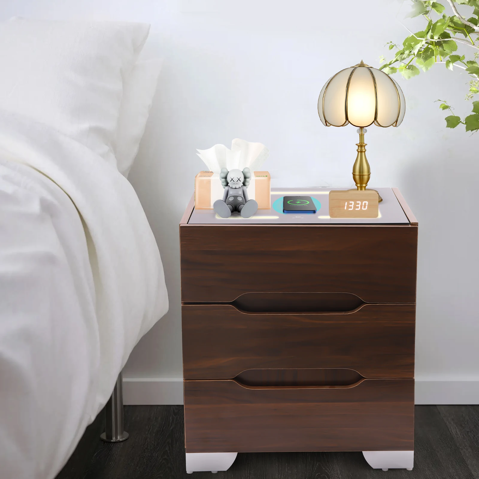 

Nightstands Wireless Charging Station and LED Lights Modern End Side Table with 3 Drawer Nightstand Storage Cabinet for Bedroom