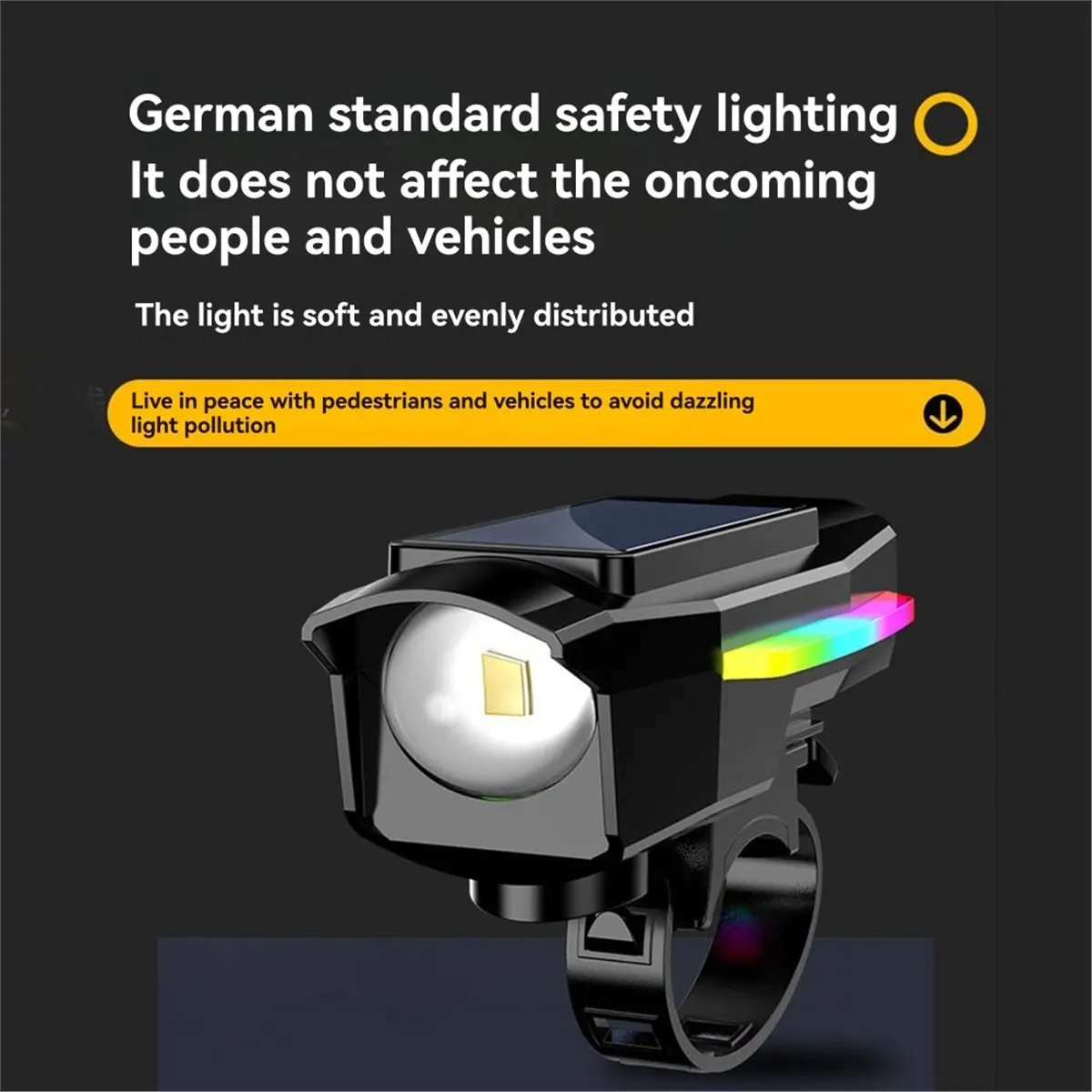 Farol solar de bicicleta recarregável USB luz frontal solar com buzina acessórios de bicicleta à prova d'água