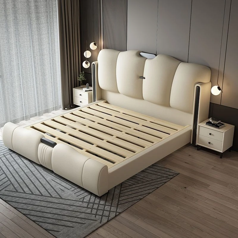 Cama moderna de lujo ligero para dormitorio principal, cama italiana de arte sencillo con base suave, cómoda base de cama king size para el hogar, muebles para el hogar.