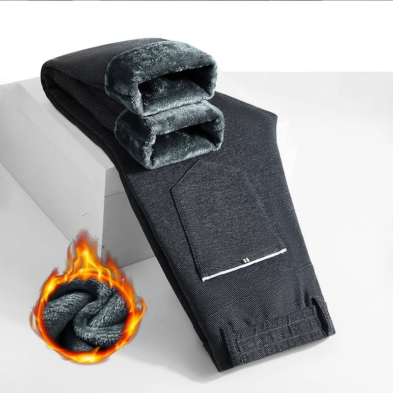 

Fashion Winter Pants Men's Clothing Fleece Thick Casual Velvet Trousers Straight Stretch Comfortable Warm Plush Trousers