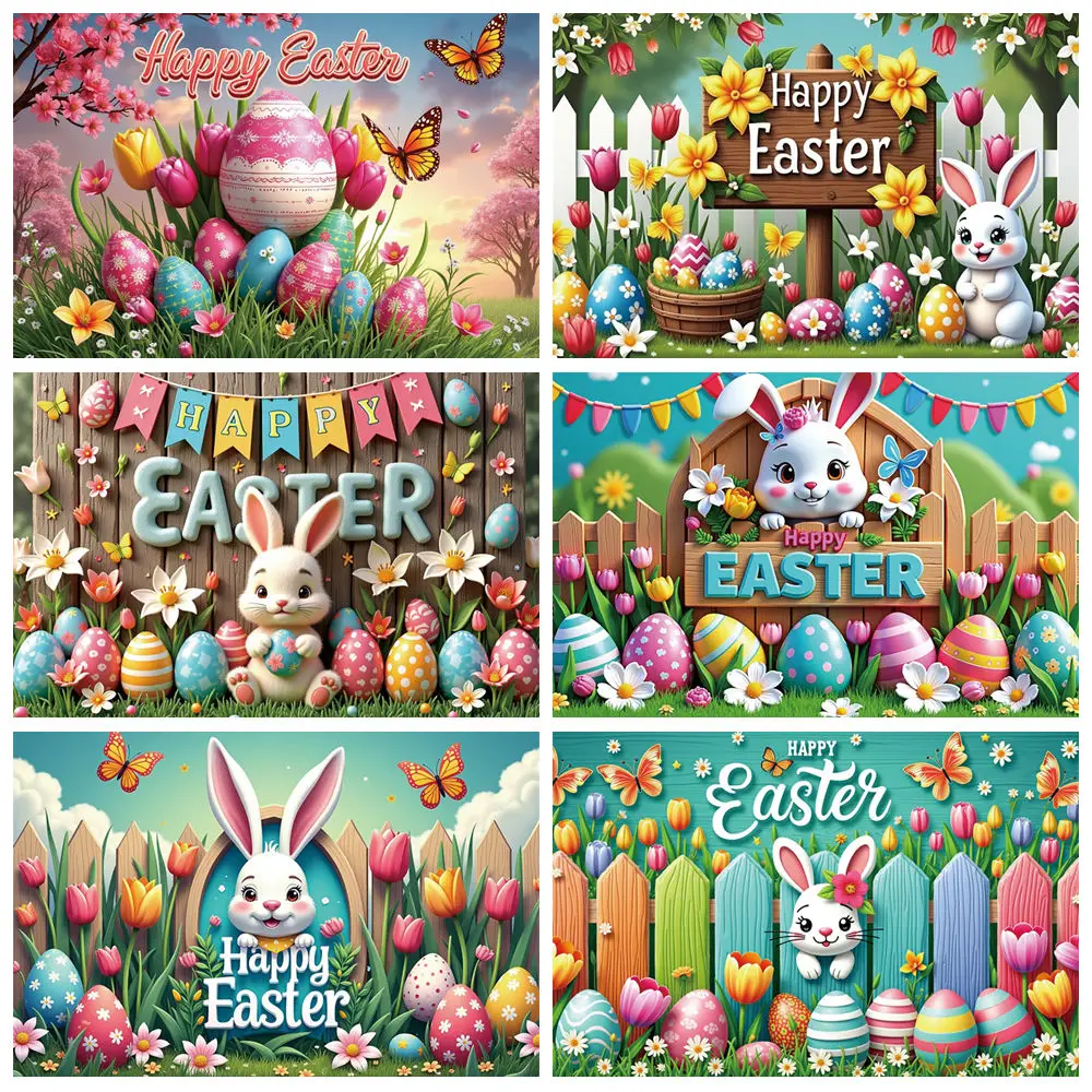 

MOON.QG Happy Easter Tulip Background Photography Wooden Board Eggs Rabbit Photocall Backdrop Baby Photo Studio Photobooth Props