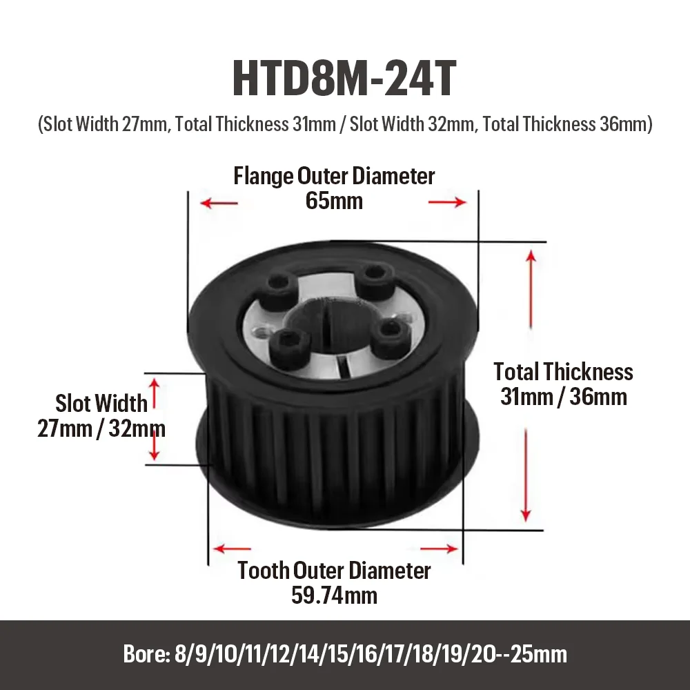 24T/25T/26T/28T HTD8M Synchronous Wheel With Keyless Bushing Bore 8-32mm Steel Timing Pulley For Width 25/30mm Belt