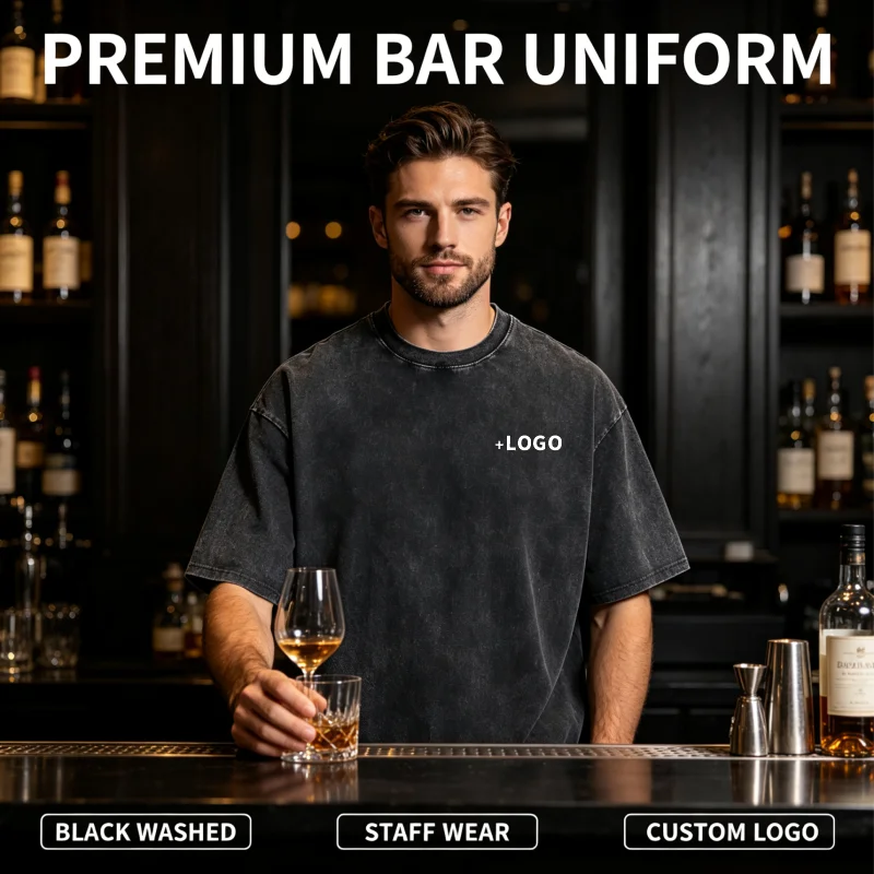 Washed Vintage Oversized Cotton T Shirt Custom Logo Bar Pub Staff Uniform Short Sleeve Restaurant Work Tee