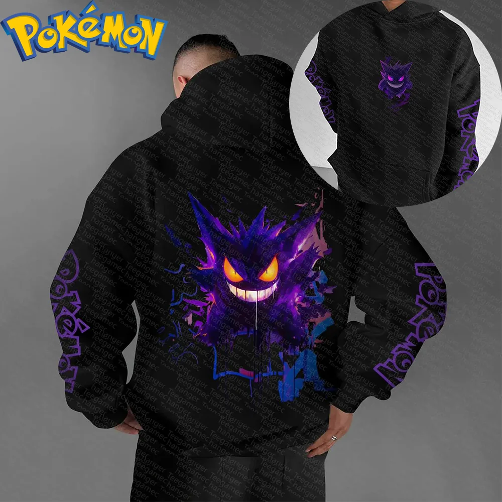 Pokemon Anime Gengar Baumwolle Hoodie Harajuku Hosen Set Schwarz Lila Geistermuster mit leuchtenden Augen Scharfe Zähne Design Zweiteiler