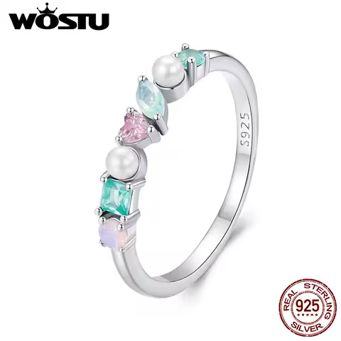 WOSTU 925 Sterling Silver Multi Color Gems Finger Rings Colorful Cute Opal Pearl Zircon Band Ring Girl Daughter Jewelry Gift