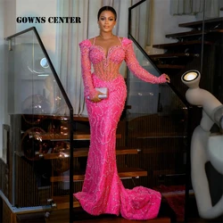 Hot Pink Long Sleeves Aso Ebi Evening Dress Silvery Beaded Crystal Mermaid Ladies Dress For Special Occasion African Customized