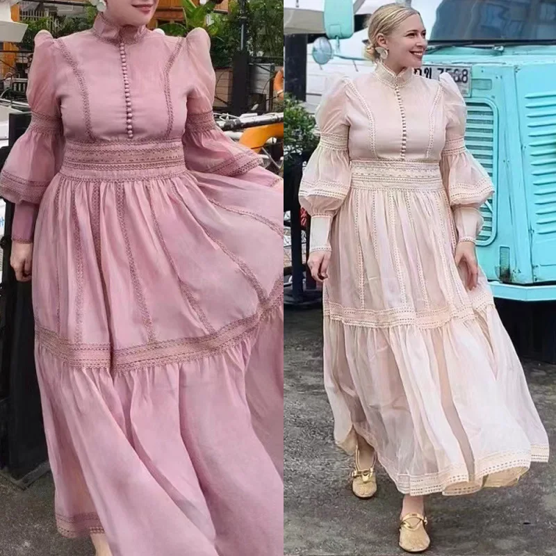 الفرنسية الرجعية اللباس المرأة الأورجانزا المرقعة الدانتيل الدانتيل الدانتيل الوقوف طوق بأكمام طويلة عالية الخصر بلون اللباس #2