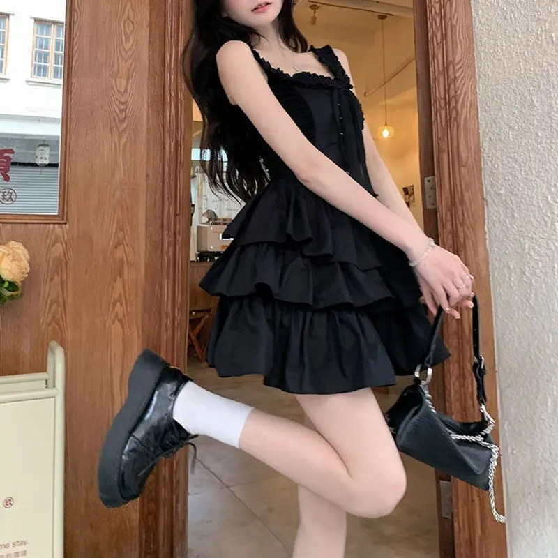 French Style Sweet Ball Gown Slip Dresses Summer Solid Color Female Clothing Fashionable Drawstring Bow Waist Mini Dress