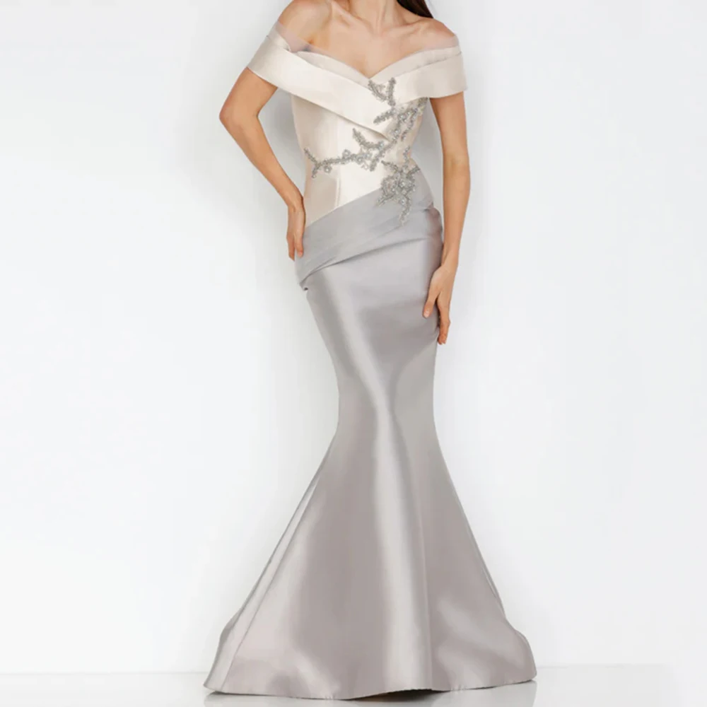 

Customized Mermaid Evening Dresses Floor-length Off The Shoulder Sleeveless Prom Gown Fashion Sequined Pleat Backless Party Gown