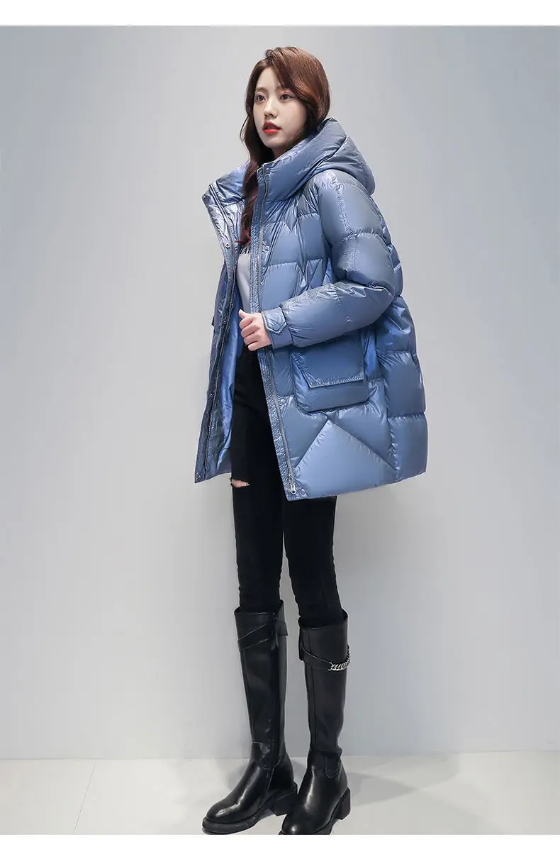 Weiße Enten Daunen mantel Damen Winter neue dicke warme glänzende lose Daunen jacke weibliche Kapuze All-Match Casual Parkas