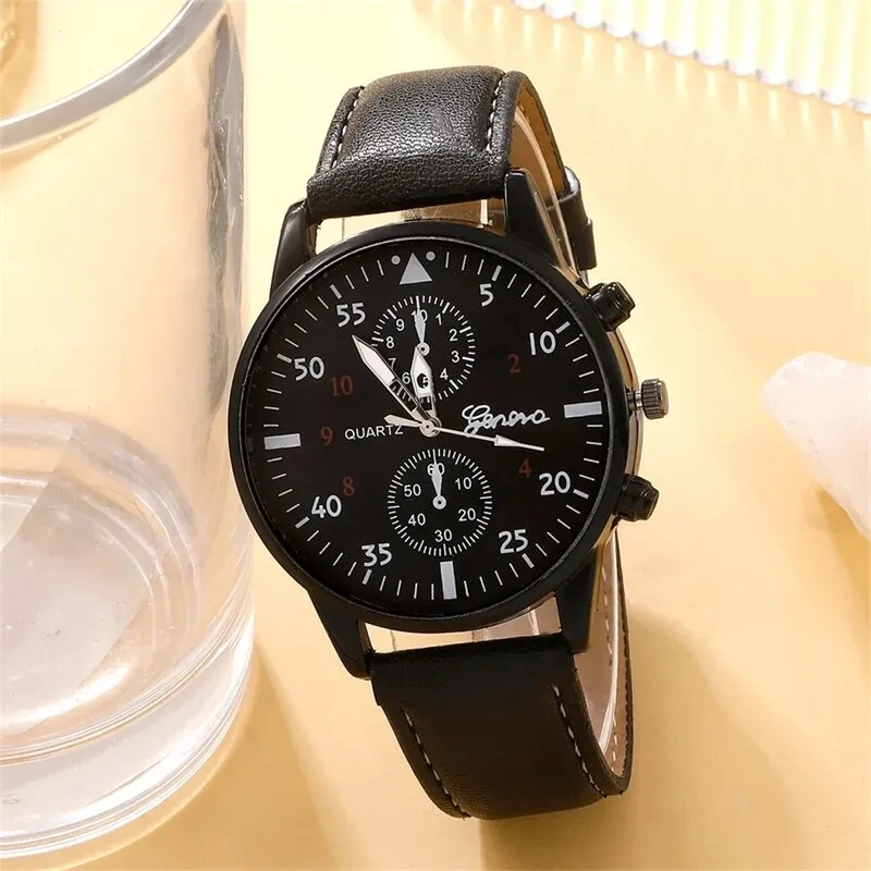 Ensemble de montres d'affaires en cuir noir pour hommes, bracelet perlé décontracté, collier, montre-bracelet à quartz, mode masculine, 3 pièces