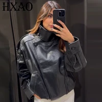 Hxao Faux Leather Black Jackets For Woman Cropped Oversize Bomber Jacket Zip-Up Long