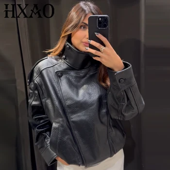 Hxao Faux Leather Black Jackets For Woman Cropped Oversize Bomber Jacket Zip-Up Long