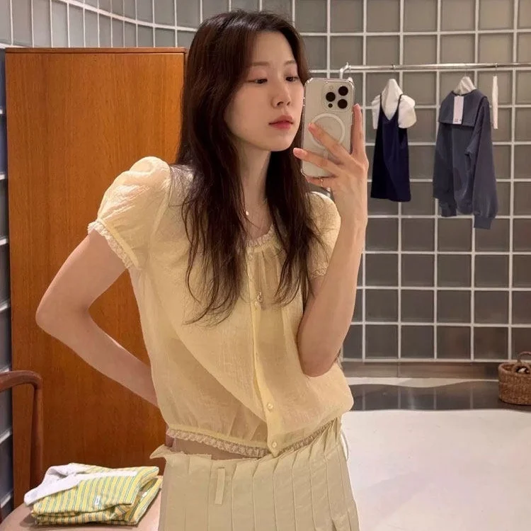

Short Bubble Sleeve Shirt Lace Trim Commute Slimming Fashion Korean Style round Neck Casual Women's Top