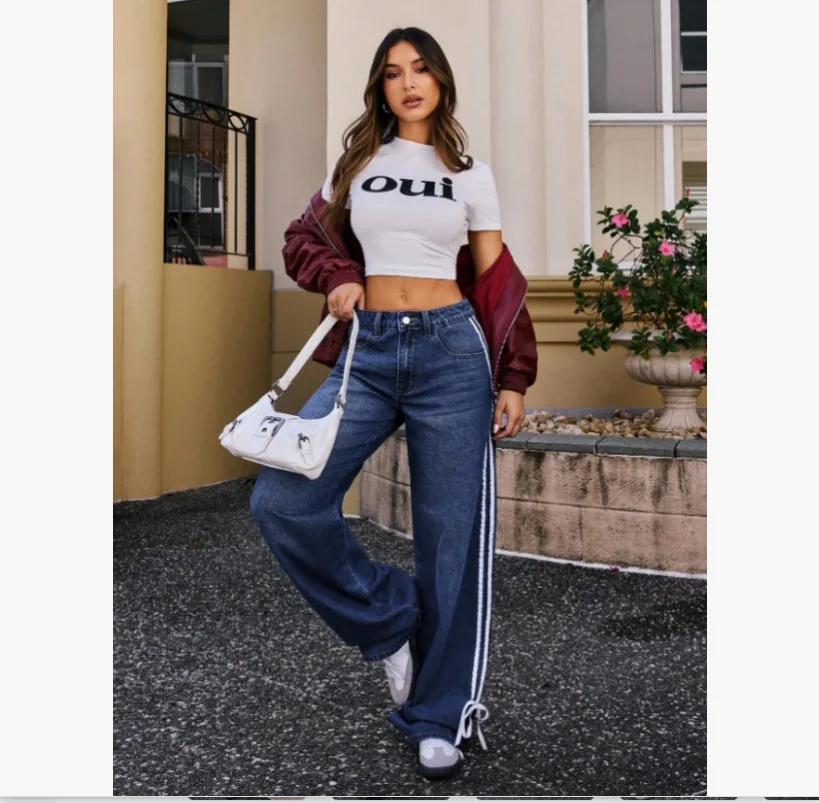 Jeans Wide Leg Pants Women Vintage Trousers Washed Distressed Denims Stretch Striped Lace Up Streetwear Female Floor Length