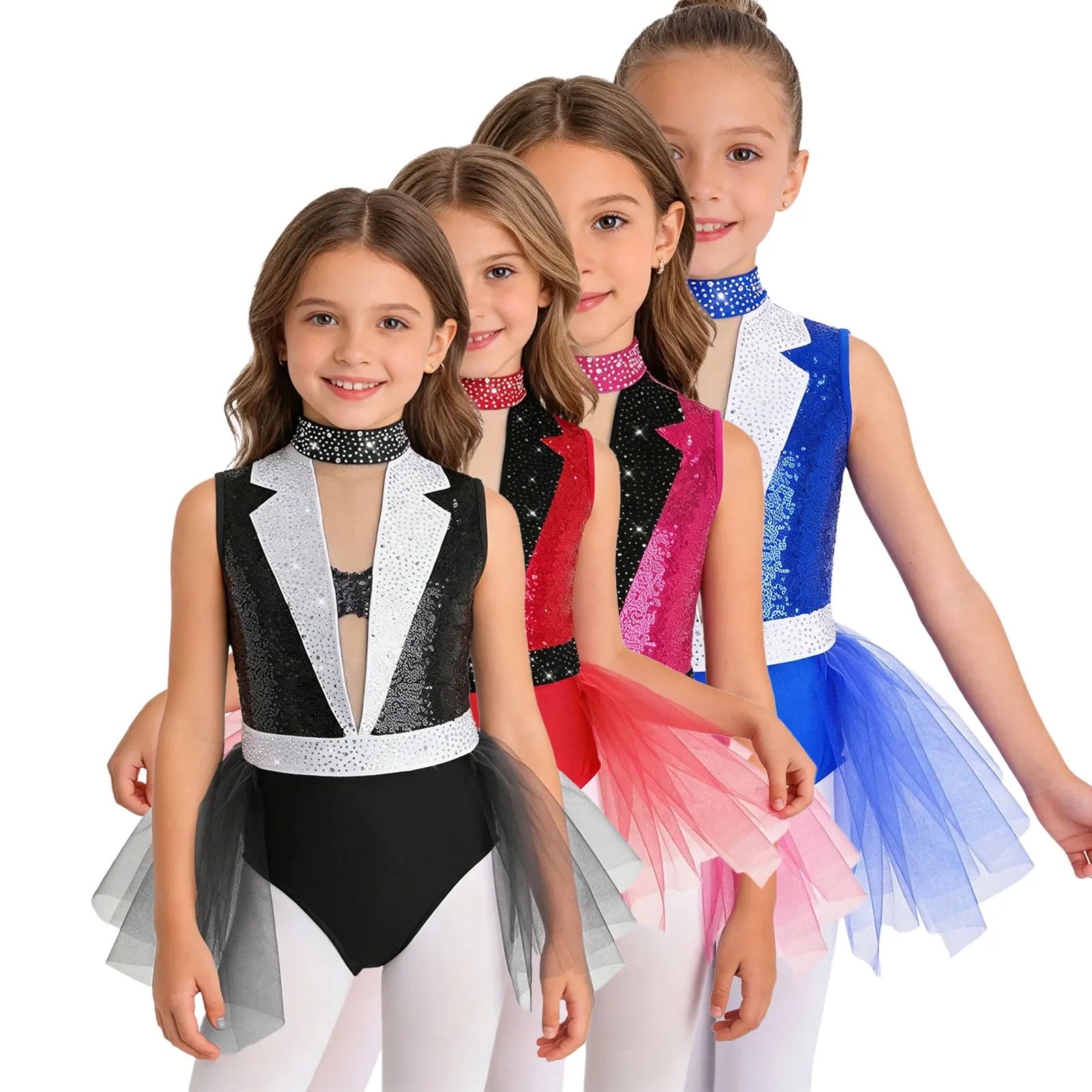 

Girl Sleeveless Ballet Dance Tutu Skirted Sparkly Rhinestone Party Ball Gown Sequins Figure Skating Rhythmic Gymnastic Dancewear