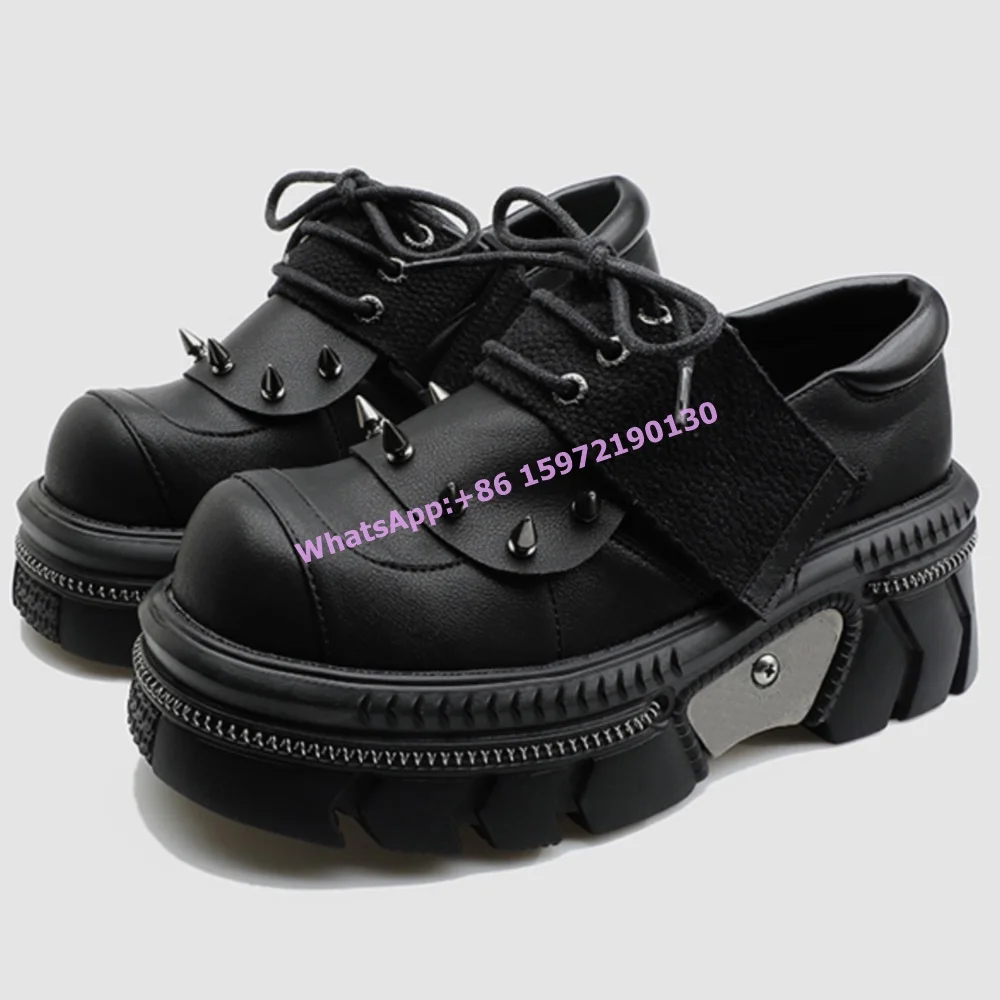 Y2K Rivet Genuine Leather Pumps Black Round Toe Thick Soled Cross Tied High Increase Shoes Women's Gothic Punk Hotties Shoes