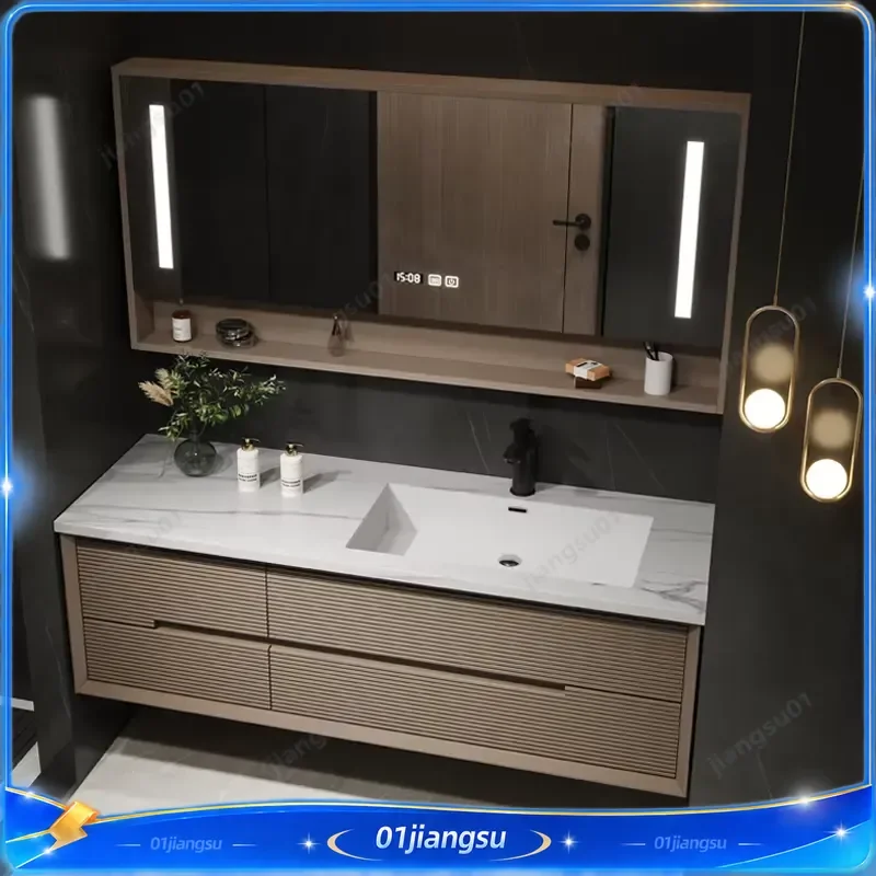 Modern Intelligent Bathroom Vanity Set Seamless Stone Slab Ceramic Basin Sleek Furniture Cabinet Washbasin Sink Combo Home