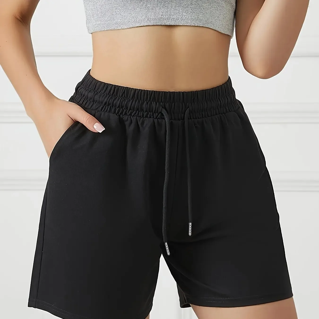 Calças Esportivas Femininas com Bolso Frontal e Cordão na Cintura para Corrida e Exercícios, Shorts de Algodão Puro