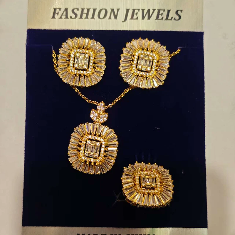 Jewelry Set HADIYANA Fashion Bridal Wedding Square Three Piece Necklace Earring Ring Adjustable Set CN2601-1 Bijou Mariage
