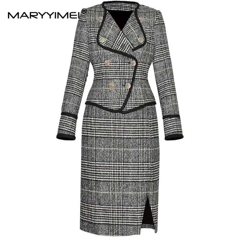 

Gedivoen Autumn Women's Commuter Suit Turn-Down Collar Long-Sleeved Short Coat Tops+Pretty Slim Skirt Plaid 2 piece set