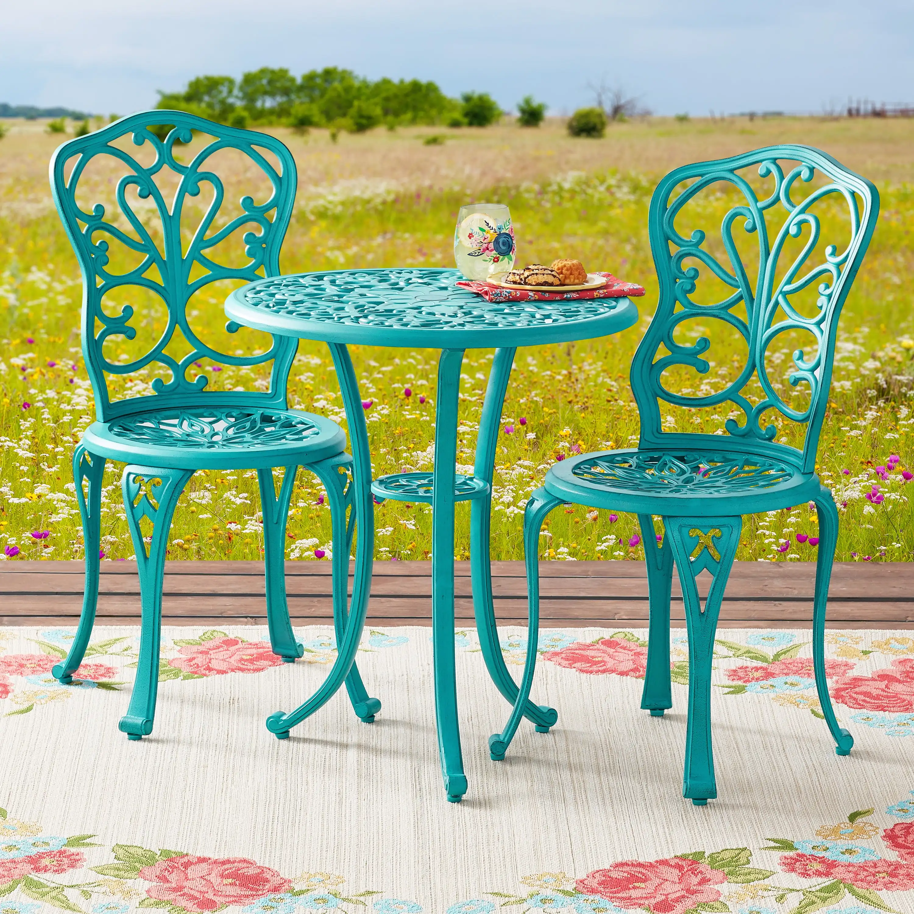 

Goldie 3-Piece Cast Aluminum Garden Bistro Set Teal Durably Constructed with A Cast Aluminum Frame Easy To Assemble