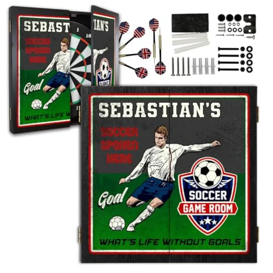 

Man Cave Dart Board Cabinet Set with 6 Steel Tip Darts Paper Dartboard Chalk Eraser 21.5 x 21.5 x 2.75 in Black and Red Premium