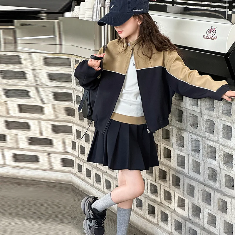 

Детские комплекты из двух предметов для девочек, осеннее пальто на молнии контрастного цвета для школьниц, плиссированная юбка для маленьких девочек, детская одежда для девочек