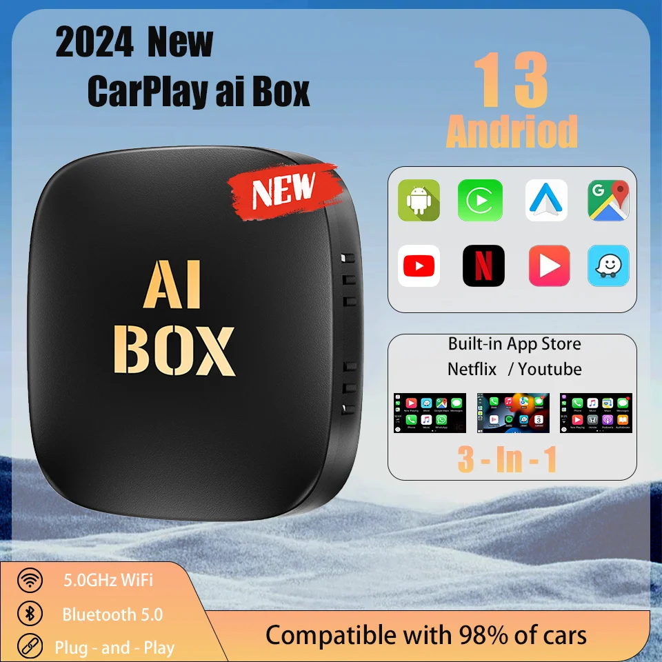 CarPlay Smart Ai Box Android13 Wireless Carply&Android Auto Built-in Netflix YouTube Google Appstore Compatible with 98% of Cars