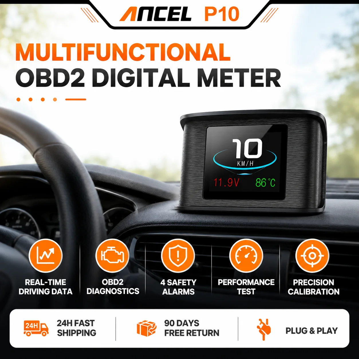 ANCEL P10 Car Head Up Display Speedometer OBD2 On Board ComputerRPM Coolant Temperature Voltage Fuel Overspeed Alarm Meter