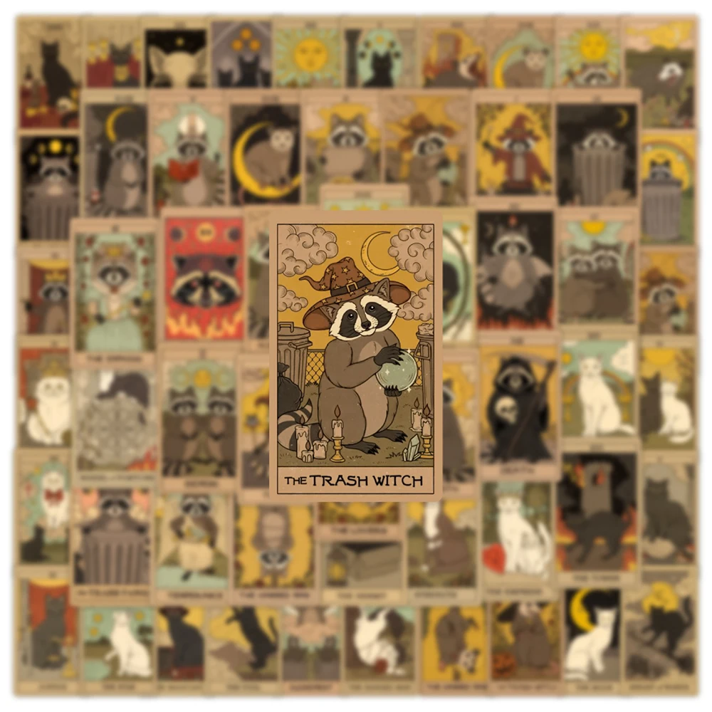 10/30/60pcs Mysterious Retro Cat Raccoon Tarot Card Stickers Cartoon Gothic Aesthetic Sticker DIY Laptop Skateboard Phone Decals