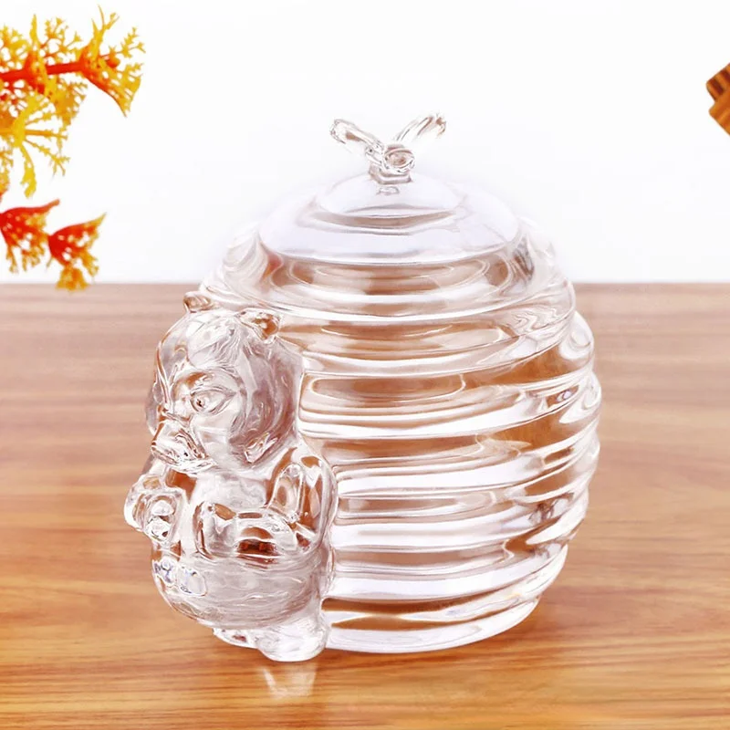 Transparent Lead-free Glass Storage Bear Handle Candy Bottle Home Can Honey Cans Kitchen Ornaments