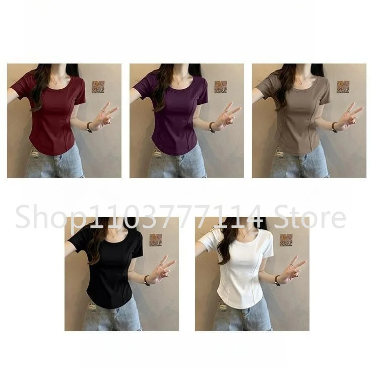 Damen Sommer Kurzarm-Oberteil für Mode Vielseitiges Basis-Shirt Slim Fit Einfarbig Rundhals T-Shirt Lässige und Sexy Kleidung – Detail 4