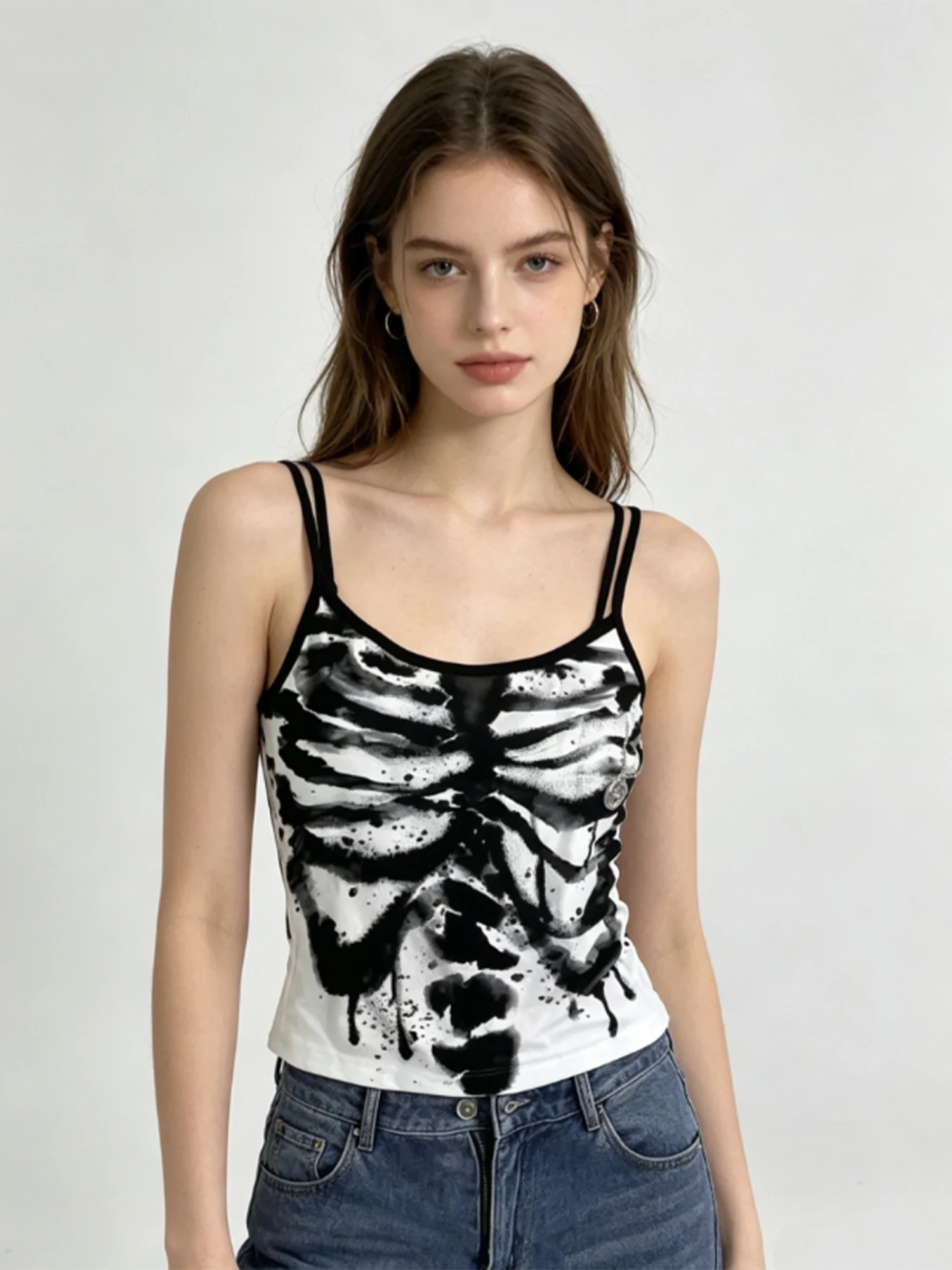 Women Dark Gothic Harajuku Rock Skull Print White Cami Top Y2K Gyaru Vintage Tank Top Sleeveless Off Shoulder Cropped Top Summer